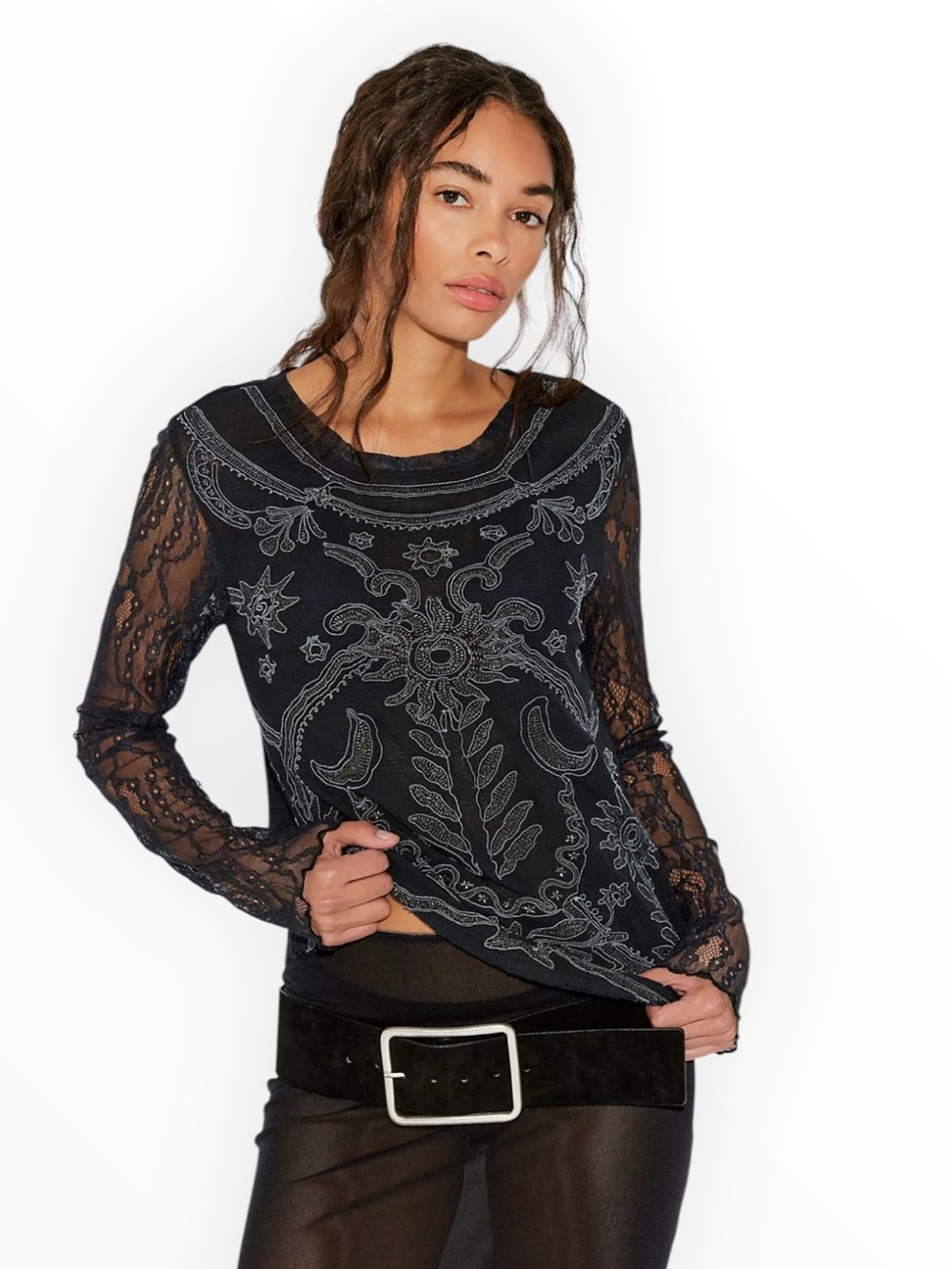 Free people celestial circus Women's Black Lace Long-Sleeve Embroidered Top